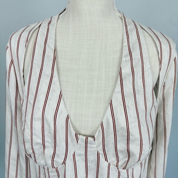 ASOS Striped Cutout Long sleeve Linen Blend Dress Cream Burgundy Sz 12 - Picture 2 of 8